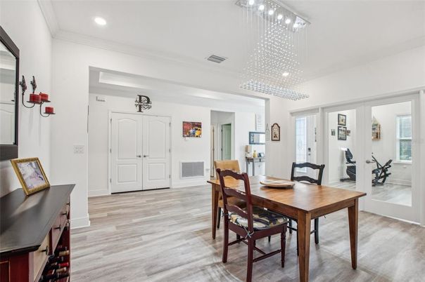 Dining room, Interior, Pendant Lights, Recessed Lighting, Wood Texture Flooring