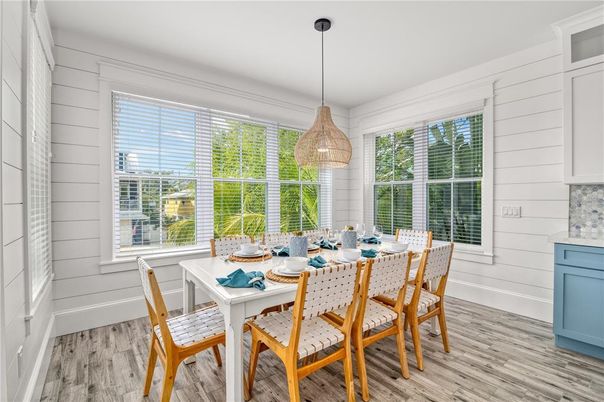 Dining room, Interior, Pendant Lights, Wood Texture Flooring