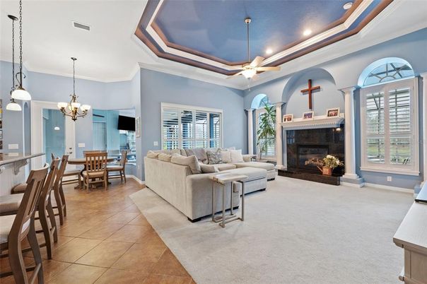 Chandelier, Dining room, Fireplace, Interior, Living room, Pendant Lights, Recessed Lighting
