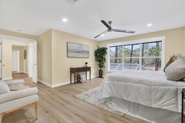 Bedroom, Interior, Recessed Lighting, Wood Texture Flooring