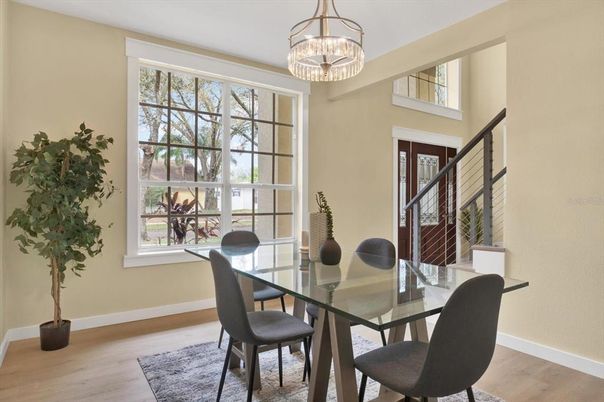 Chandelier, Dining room, Interior, Wood Texture Flooring
