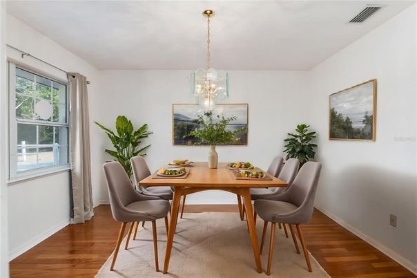 Dining room, Interior, Pendant Lights, Wood Texture Flooring