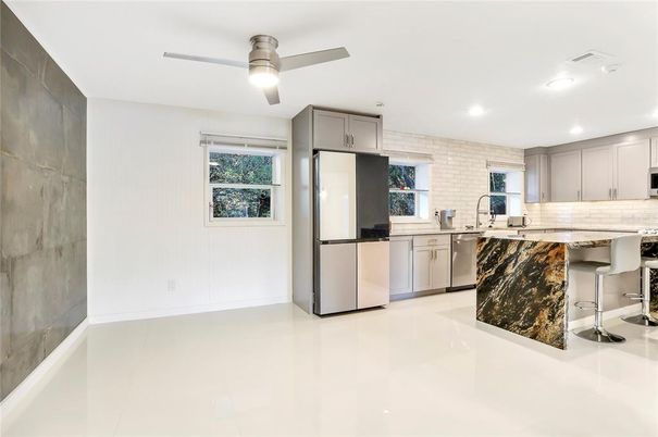 Interior, Kitchen, Recessed Lighting, Stone Walls