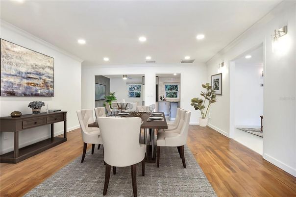 Dining room, Interior, Recessed Lighting, Wood Texture Flooring