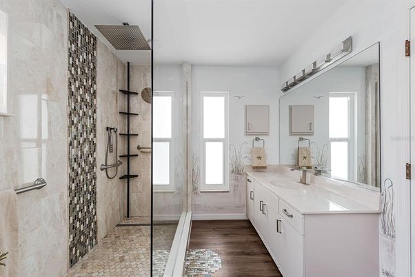 Bathroom, Dual Sink Vanities, Glass Shower, Interior, Wood Texture Flooring