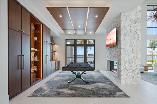 Billiard Table, Fireplace, Game Room, Interior, Recessed Lighting, Stone Walls