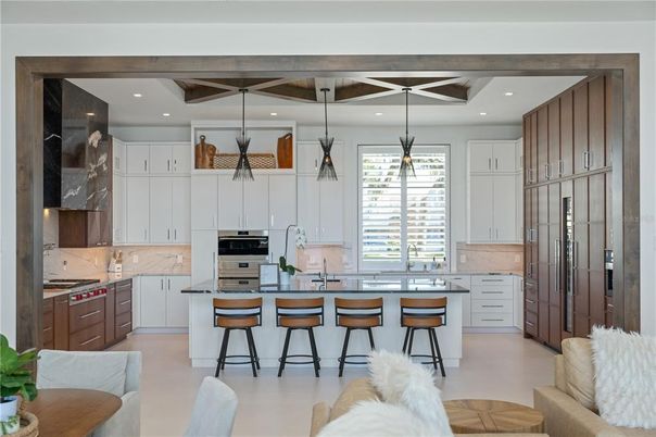 Interior, Kitchen, Pendant Lights, Recessed Lighting, Stainless Steel Appliances, Wooden Beams