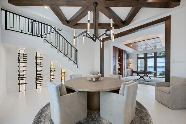 Dining room, Interior, Pendant Lights, Recessed Lighting, Wine Storage, Wooden Beams
