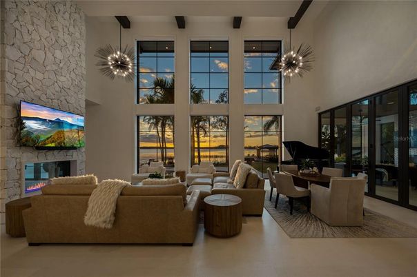 Dining room, Fireplace, Interior, Living room, Pendant Lights, Piano, Stone Walls