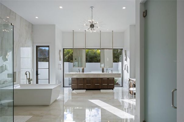 Bathroom, Dual Sink Vanities, Free Standing Baths, Glass Shower, Interior, Marble, Pendant Lights, Recessed Lighting