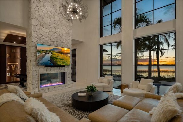 Fireplace, Interior, Living room, Pendant Lights, Stone Walls