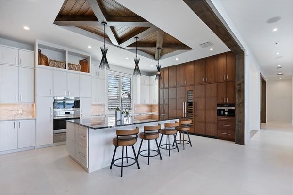 Interior, Kitchen, Pendant Lights, Recessed Lighting, Stainless Steel Appliances, Wooden Beams, Wooden Ceilings