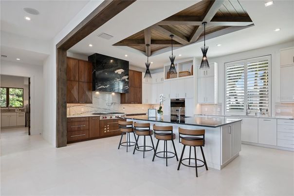 Interior, Kitchen, Pendant Lights, Recessed Lighting, Stainless Steel Appliances, Wooden Beams, Wooden Ceilings