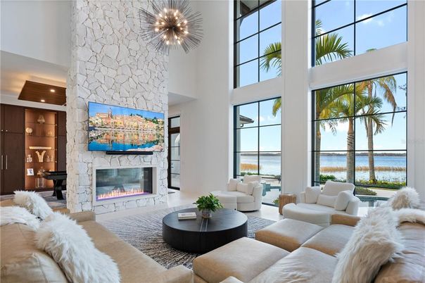 Fireplace, Interior, Living room, Pendant Lights, Recessed Lighting, Stone Walls, Water