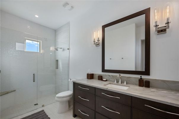Bathroom, Glass Shower, Interior, Recessed Lighting