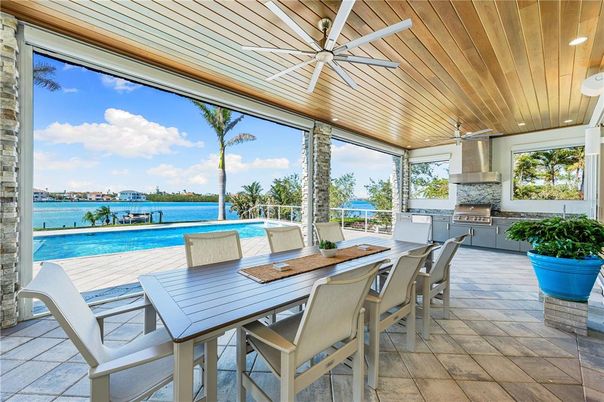 Dining room, Interior, Recessed Lighting, Sun Room, Water, Wooden Ceilings
