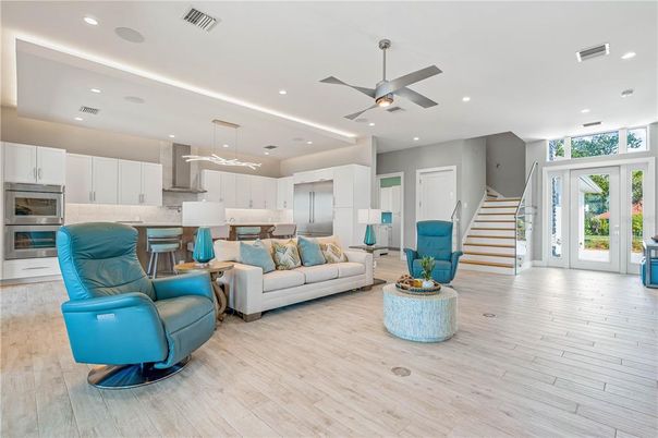 Interior, Kitchen, Living room, Pendant Lights, Recessed Lighting, Stainless Steel Appliances, Wood Texture Flooring