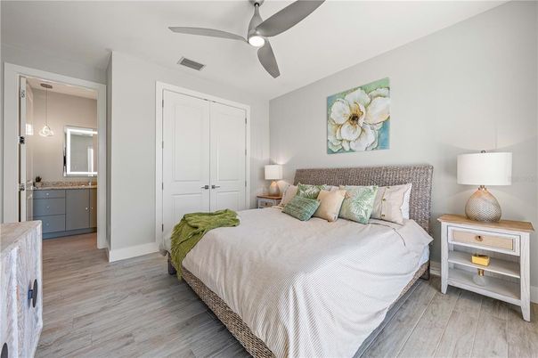 Bedroom, Interior, Pendant Lights, Wood Texture Flooring