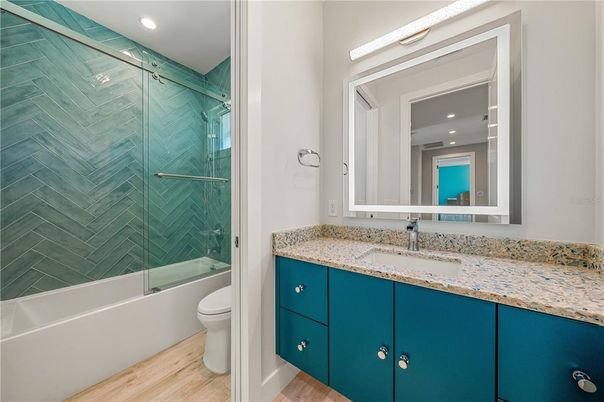 Bathroom, Glass Shower, Interior, Recessed Lighting, Wood Texture Flooring