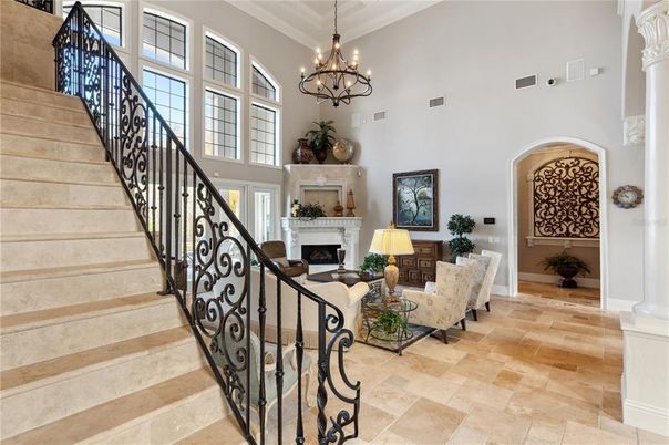 Chandelier, Fireplace, Interior, Living room