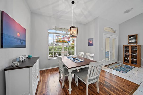 Dining room, Interior, Pendant Lights, Wood Texture Flooring