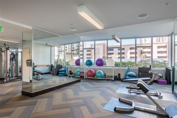 Fitness Equipment, Gym, Interior, Recessed Lighting, Wood Texture Flooring