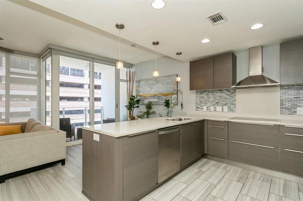 Interior, Kitchen, Pendant Lights, Recessed Lighting, Stainless Steel Appliances, Wood Texture Flooring