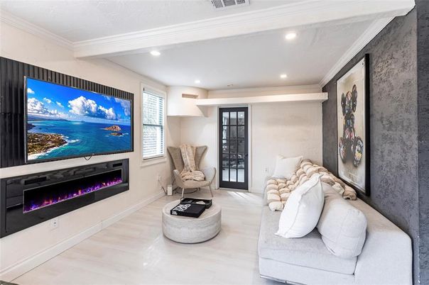 Fireplace, Interior, Living room, Recessed Lighting, Wood Texture Flooring
