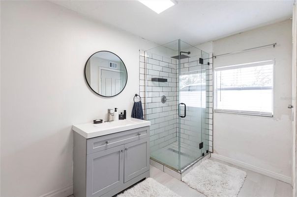 Bathroom, Glass Shower, Interior, Recessed Lighting, Wood Texture Flooring