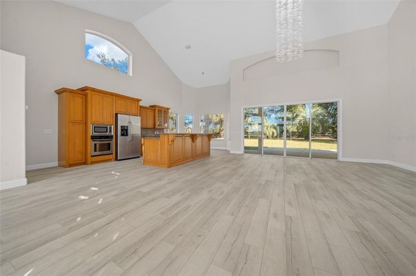 Chandelier, Interior, Kitchen, Stainless Steel Appliances, Wood Texture Flooring