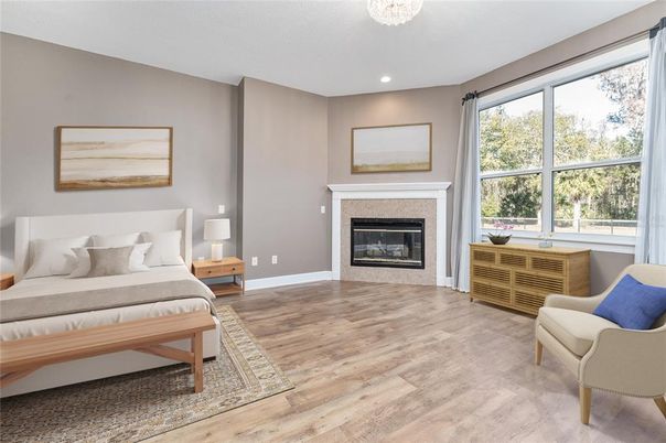 Bedroom, Fireplace, Interior, Recessed Lighting, Wood Texture Flooring