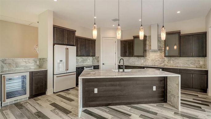 Interior, Kitchen, Marble Walls, Pendant Lights, Recessed Lighting, Wood Texture Flooring