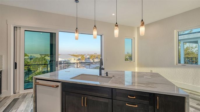 Interior, Kitchen, Pendant Lights, Recessed Lighting, Water, Wood Texture Flooring
