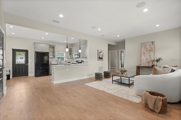 Interior, Kitchen, Living room, Pendant Lights, Recessed Lighting, Stainless Steel Appliances, Wood Texture Flooring