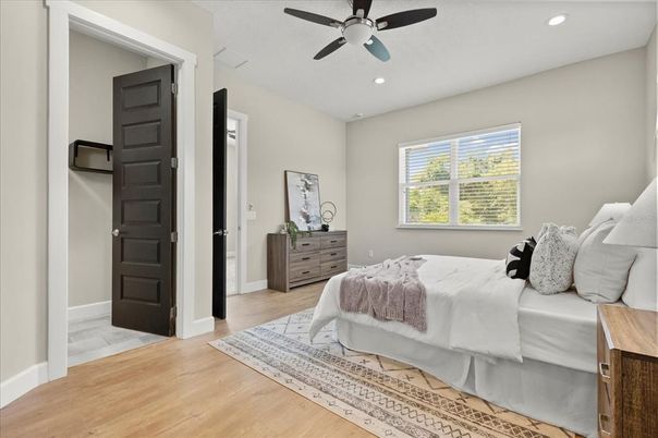 Bedroom, Interior, Recessed Lighting, Wood Texture Flooring