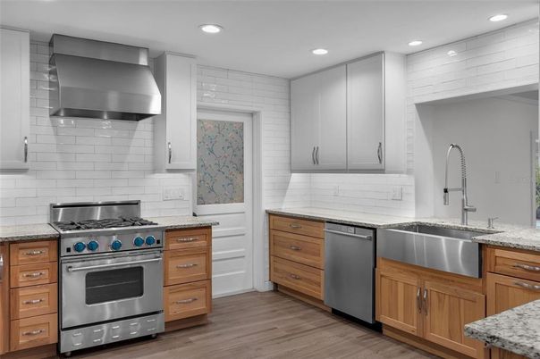Interior, Kitchen, Recessed Lighting, Stainless Steel Appliances, Wood Texture Flooring