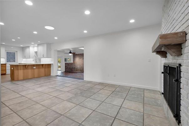Empty room, Fireplace, Interior, Kitchen, Recessed Lighting, Stone Walls