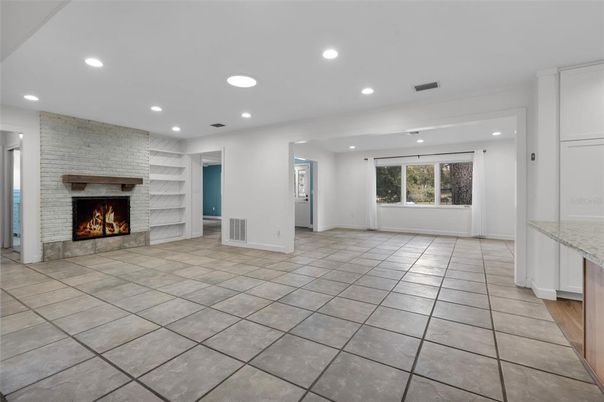 Empty room, Fireplace, Interior, Recessed Lighting, Stone Walls