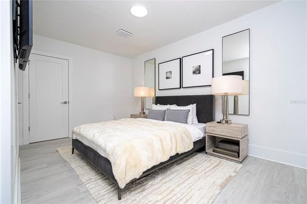 Bedroom, Interior, Recessed Lighting, Wood Texture Flooring