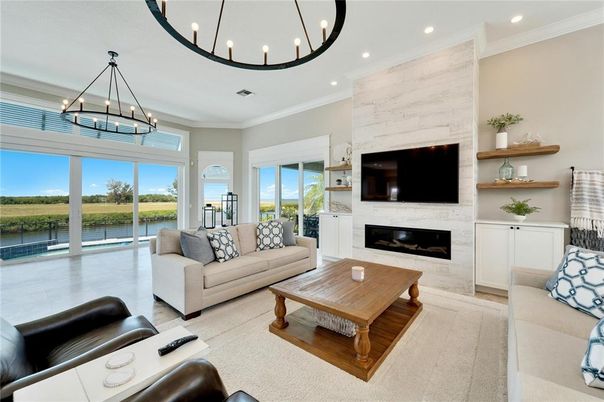 Chandelier, Fireplace, Interior, Living room, Pendant Lights, Recessed Lighting, Water, Wood Texture Flooring