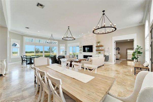 Chandelier, Dining room, Fireplace, Interior, Living room, Pendant Lights, Recessed Lighting