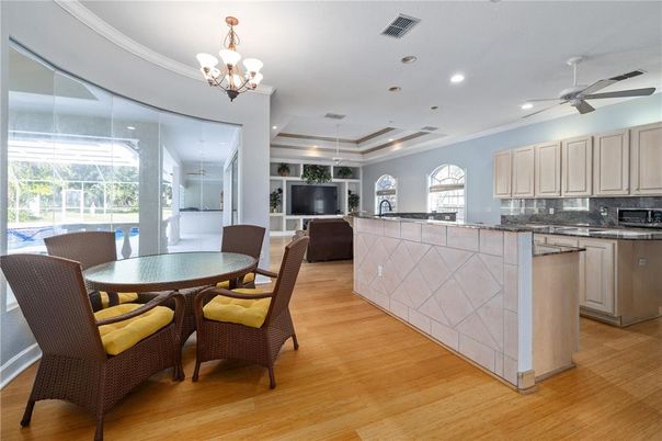 Chandelier, Dining room, Interior, Kitchen, Recessed Lighting, Wood Texture Flooring