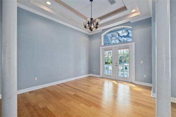 Empty room, Interior, Pendant Lights, Recessed Lighting, Wood Texture Flooring
