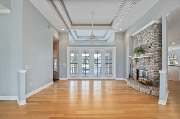 Empty room, Fireplace, Interior, Recessed Lighting, Wood Texture Flooring