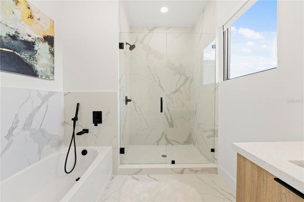 Bathroom, Glass Shower, Interior, Marble, Marble Walls, Recessed Lighting