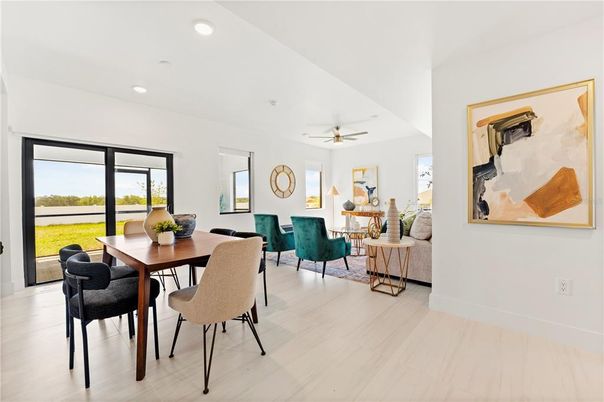 Dining room, Interior, Living room, Recessed Lighting, Wood Texture Flooring