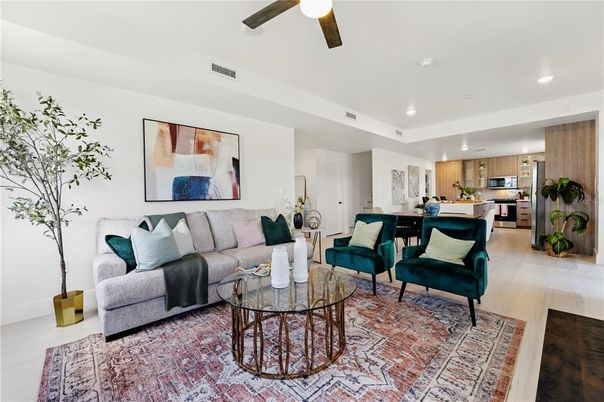 Interior, Kitchen, Living room, Recessed Lighting, Stainless Steel Appliances, Wood Texture Flooring