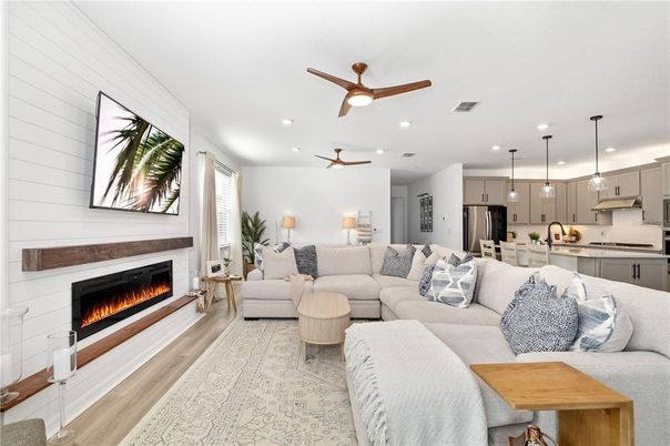 Fireplace, Interior, Kitchen, Living room, Pendant Lights, Recessed Lighting, Wood Texture Flooring