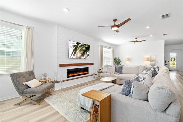 Fireplace, Interior, Living room, Recessed Lighting, Wood Texture Flooring