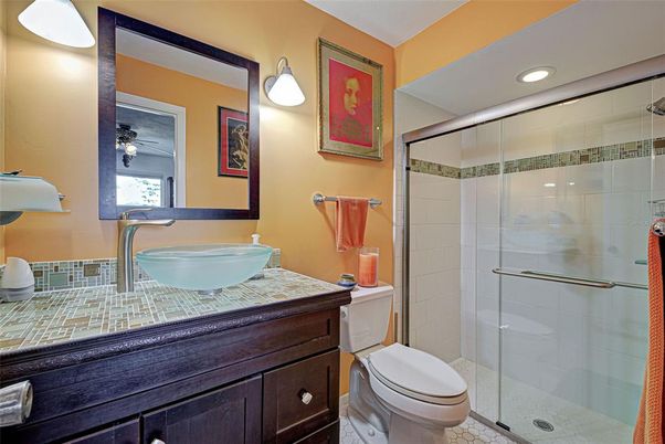 Bathroom, Glass Shower, Interior, Recessed Lighting, Tile Countertops